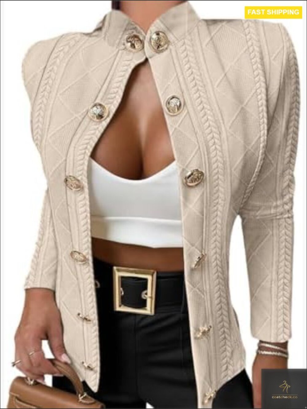 Argyle Cable Cardigan Lightweight Cropped Stand Collar Metal Button Jacket